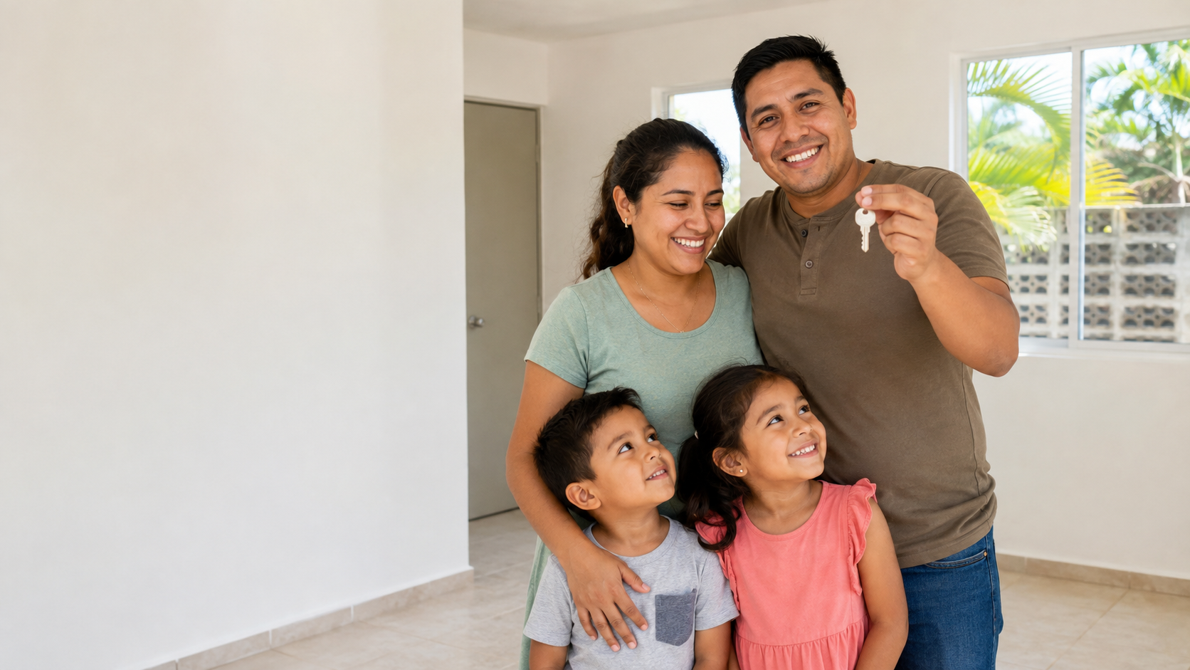 Familia en interior de vivienda mostrando llaves de su nuevo hogar